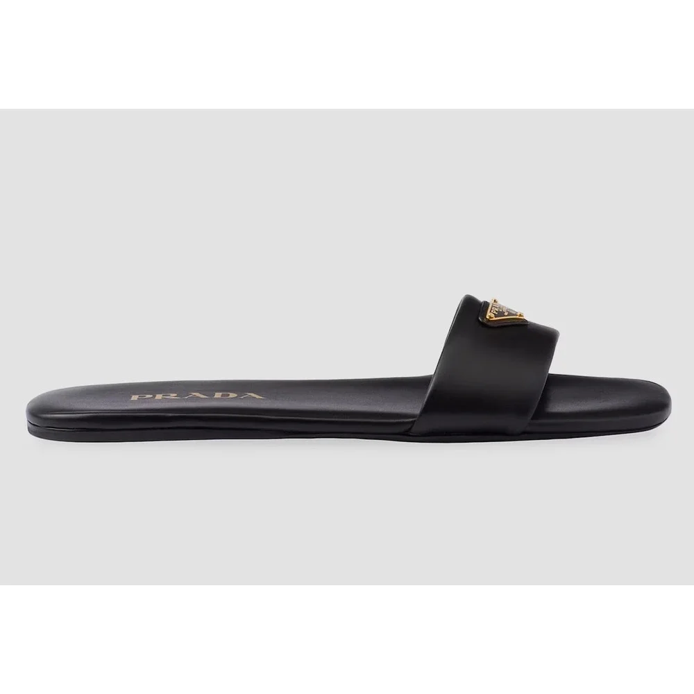 Prada Ciabatte Black Leather Gold Triangle Logo Slide Mule Flat Sandal 36